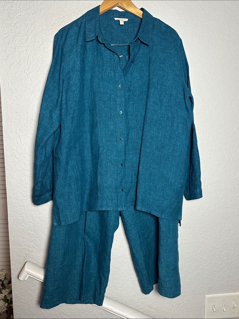 Eileen Fisher Dark Teal Linen Set Tunic Button Up Shirt & Wide Leg Pants Blue